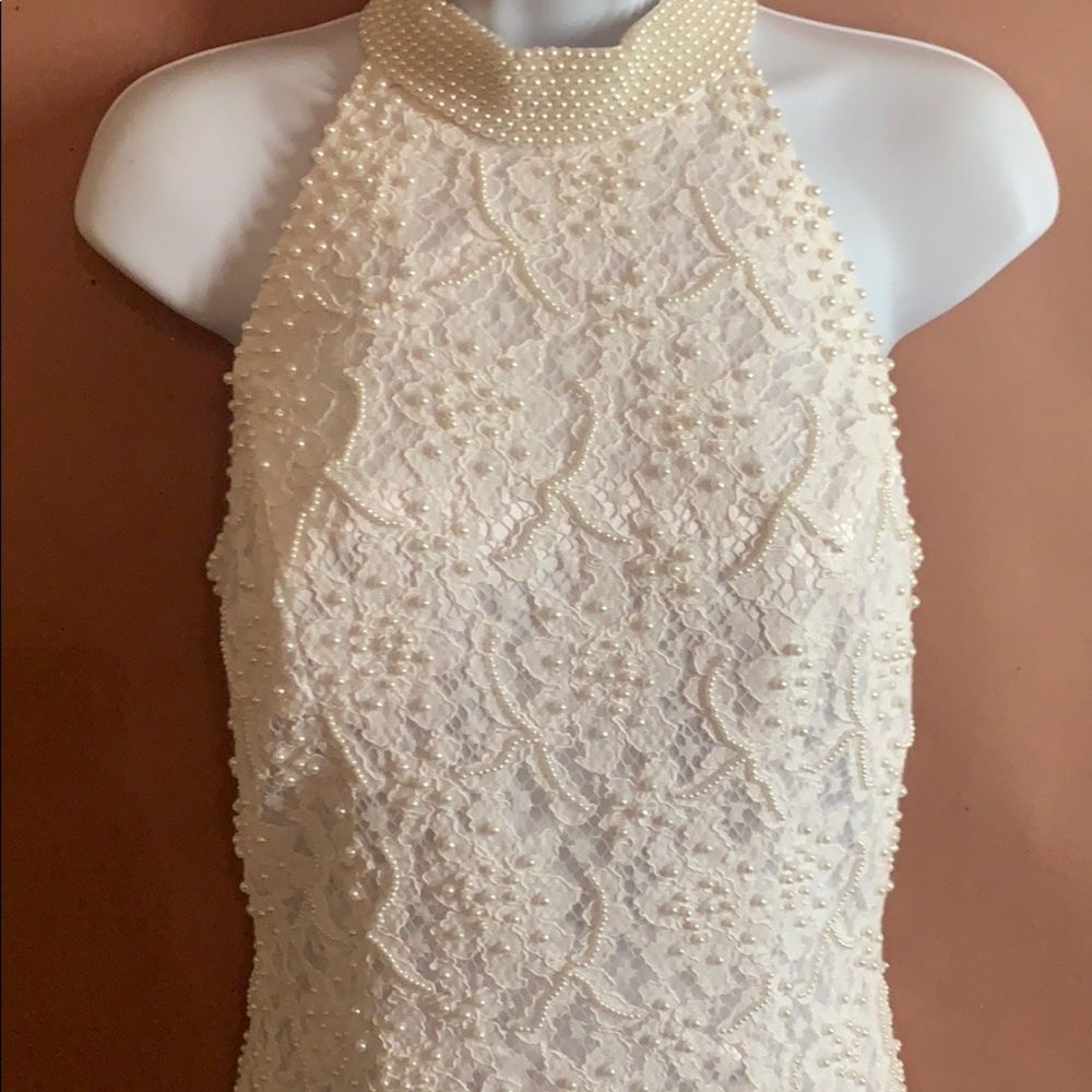 St. Tropez Cream Lace Halter Wedding Dress with Pearl Collar